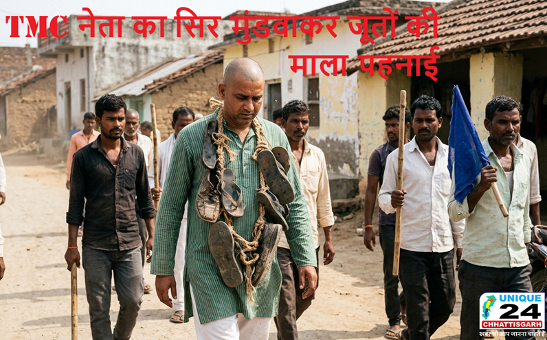 TMC नेता का सिर मुंडवाकर जूतों की माला पहनाकर इलाके में घुमाया…!