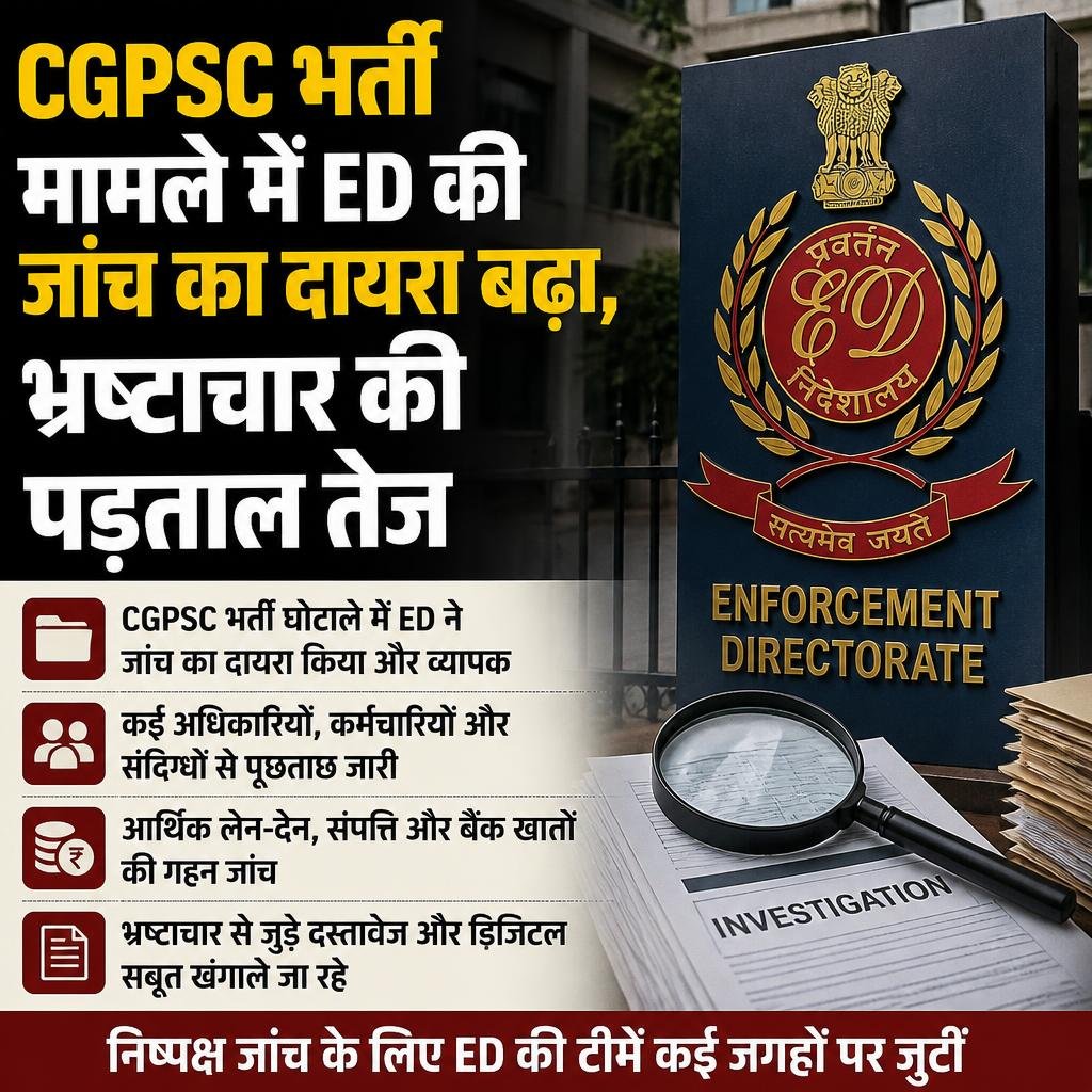 CGPSC भर्ती मामले में ED की जांच का दायरा बढ़ा,भ्रष्टाचार की पड़ताल तेज
