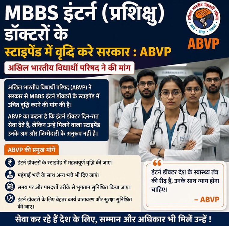 MBBS इंटर्न (प्रशिक्षु) डॉक्टरों के स्टाइपेंड में वृद्धि करे सरकार : ABVP