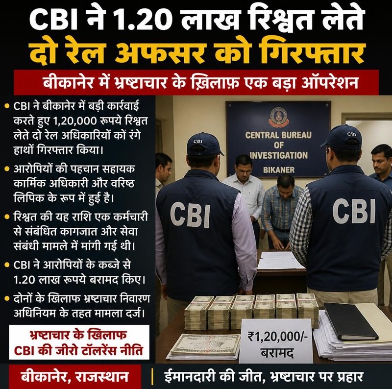 CBI ने 1.20 लाख रिश्वत लेते दो रेल अफसर को गिरफ्तार किया
