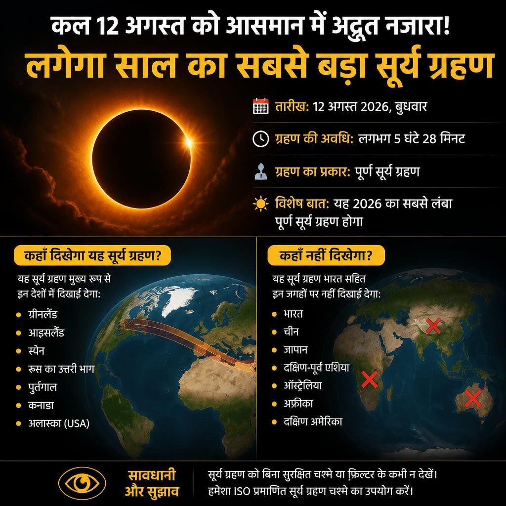 कल 12 अगस्त को लगेगा साल का सबसे बड़ा सूर्य ग्रहण